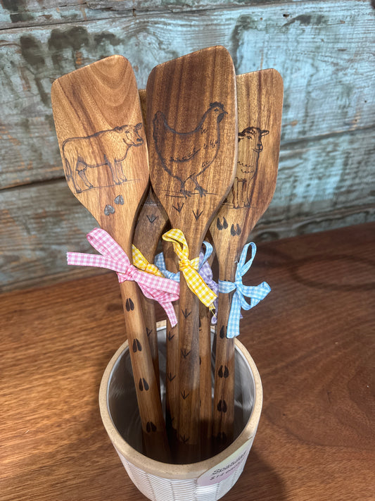Wood Burned Farm Animal Spatulas